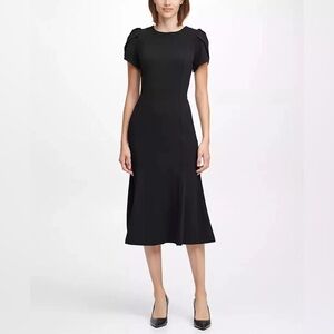 Calvin Klein classic black short sleeve midi sheath dress